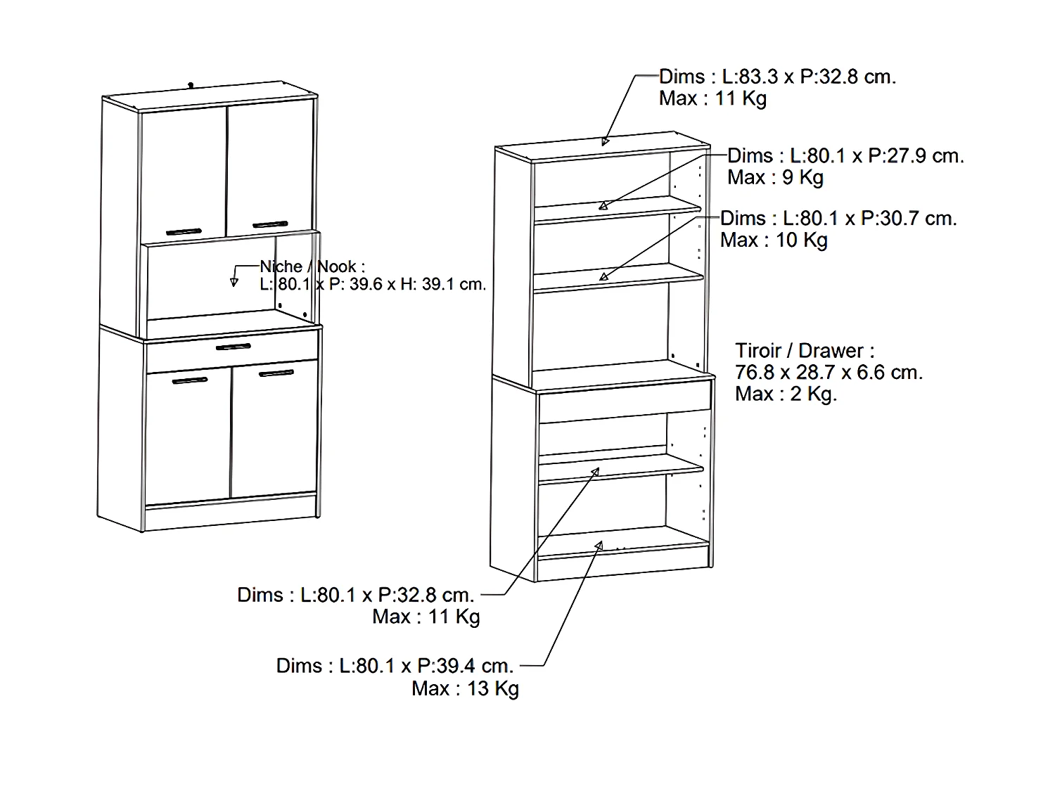 Buffet de cuisine coloris chêne kronberg, noir mat - Longueur 83,3 x Hauteur 176,1 x Profondeur 40 cm