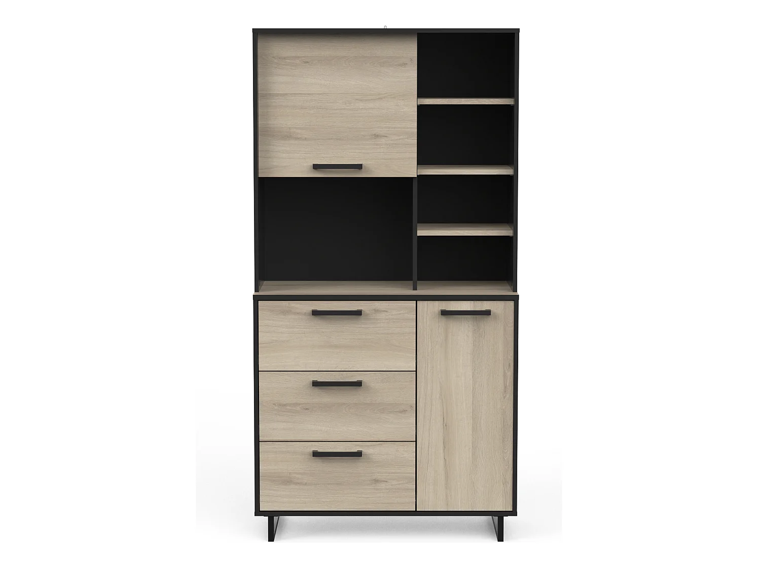 Buffet de cuisine 2 portes + 3 tiroirs coloris chêne kronberg, noir mat - Longueur 92 x Hauteur 179,50 x Profondeur 39,70 cm