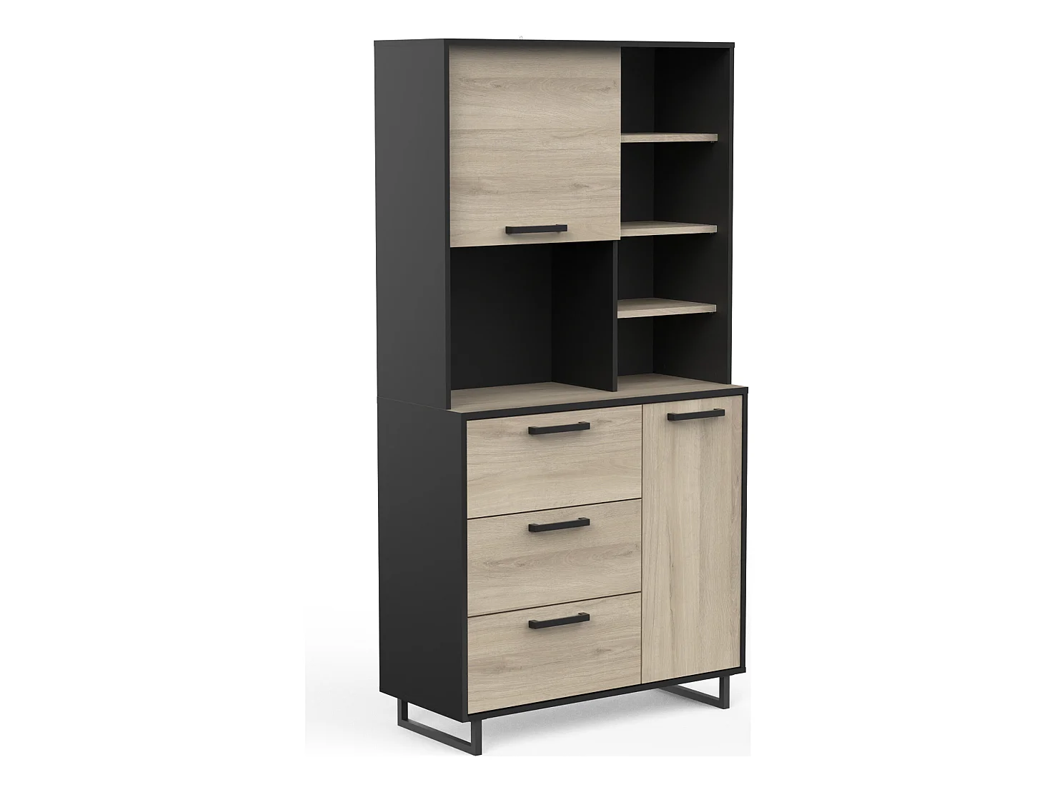 Buffet de cuisine 2 portes + 3 tiroirs coloris chêne kronberg, noir mat - Longueur 92 x Hauteur 179,50 x Profondeur 39,70 cm