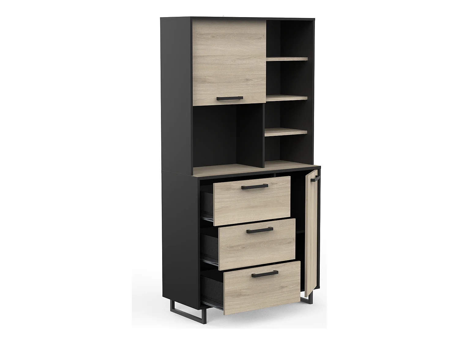 Buffet de cuisine 2 portes + 3 tiroirs coloris chêne kronberg, noir mat - Longueur 92 x Hauteur 179,50 x Profondeur 39,70 cm