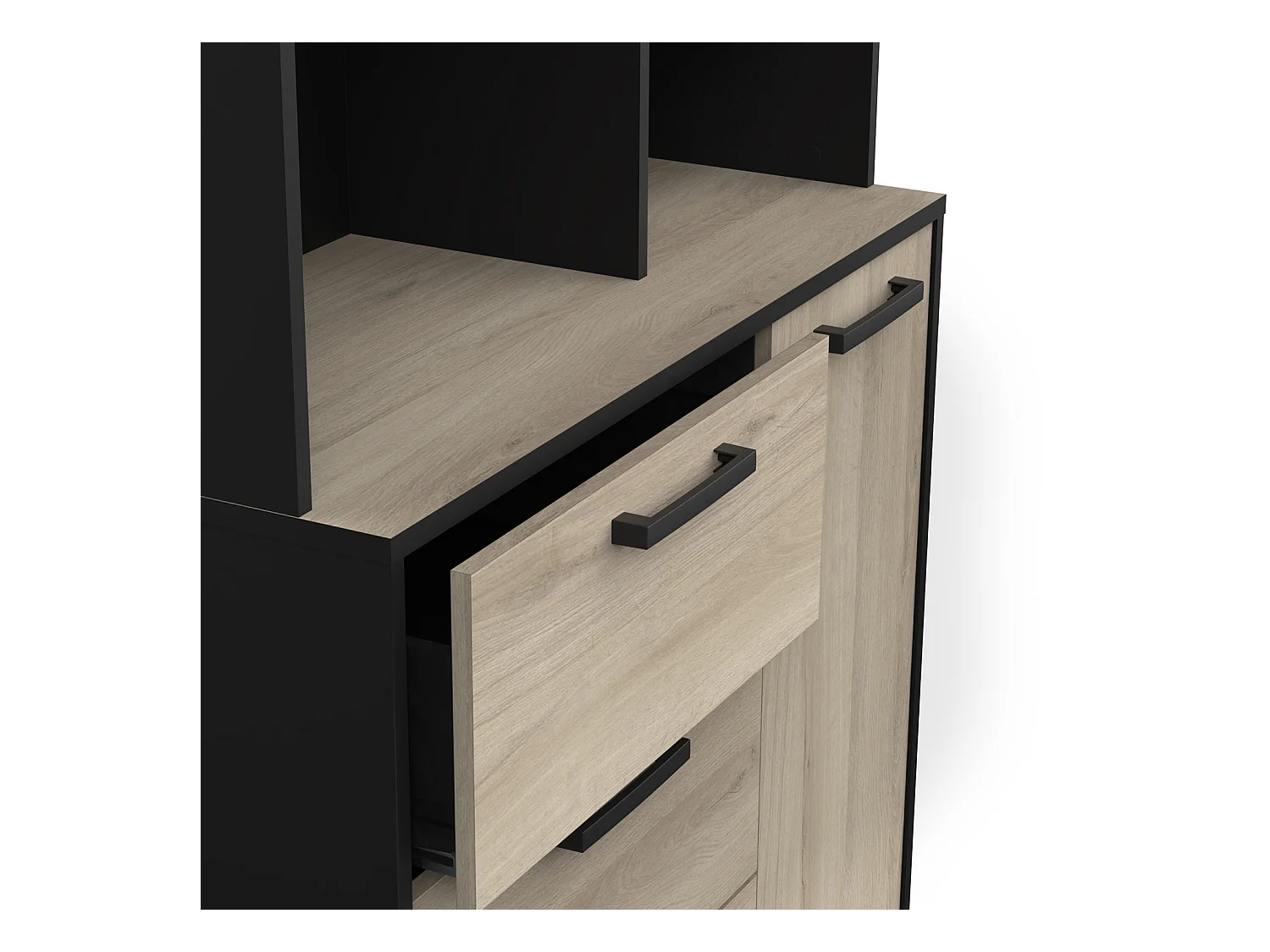 Buffet de cuisine 2 portes + 3 tiroirs coloris chêne kronberg, noir mat - Longueur 92 x Hauteur 179,50 x Profondeur 39,70 cm
