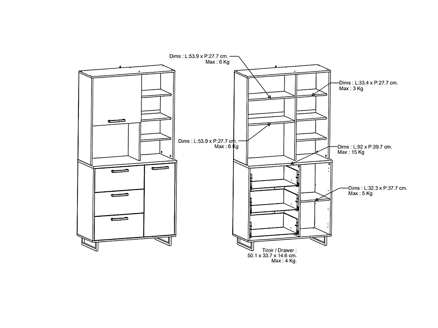 Buffet de cuisine 2 portes + 3 tiroirs coloris chêne kronberg, noir mat - Longueur 92 x Hauteur 179,50 x Profondeur 39,70 cm