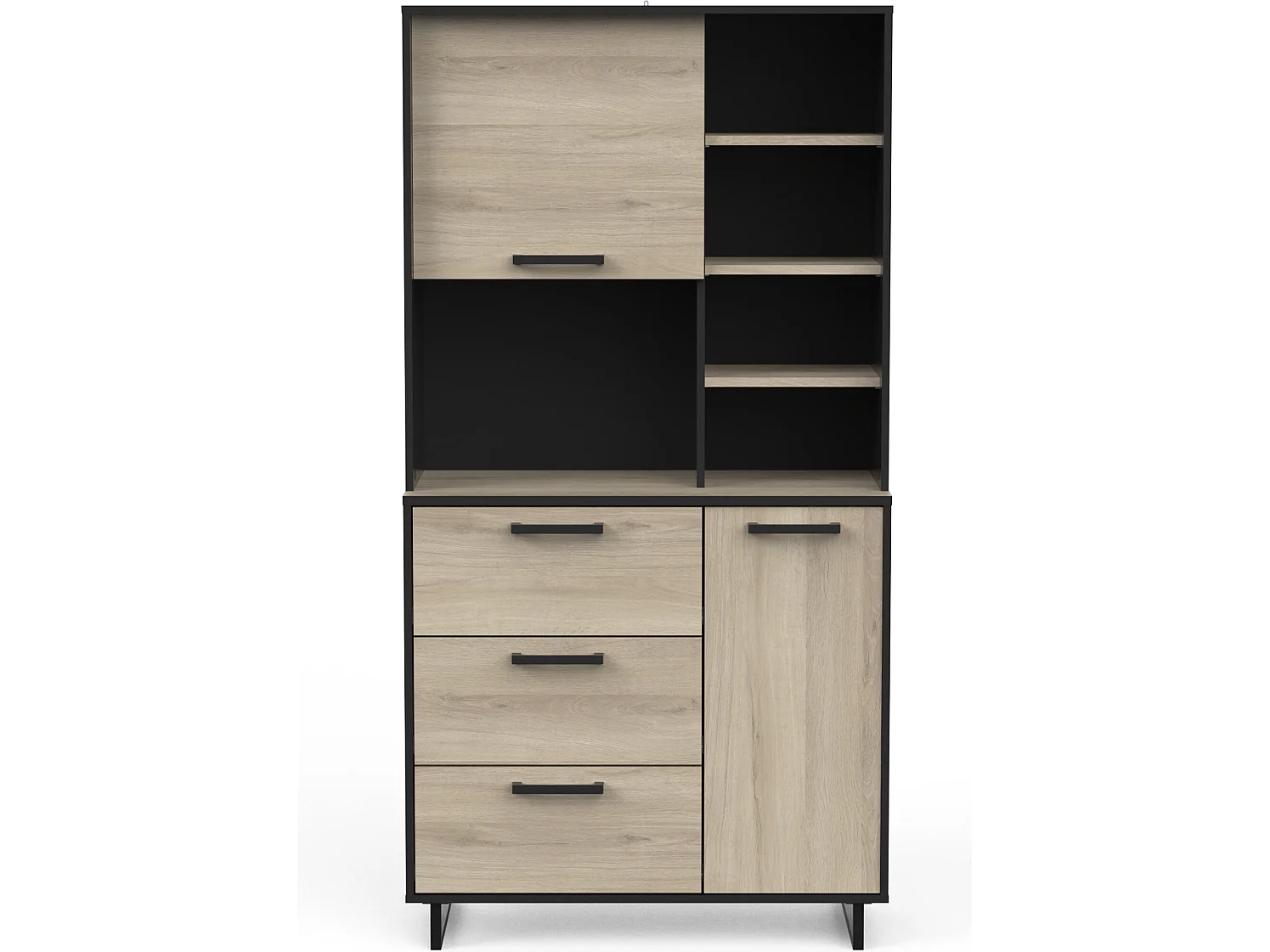 Buffet de cuisine 2 portes + 3 tiroirs coloris chêne kronberg, noir mat - Longueur 92 x Hauteur 179,50 x Profondeur 39,70 cm