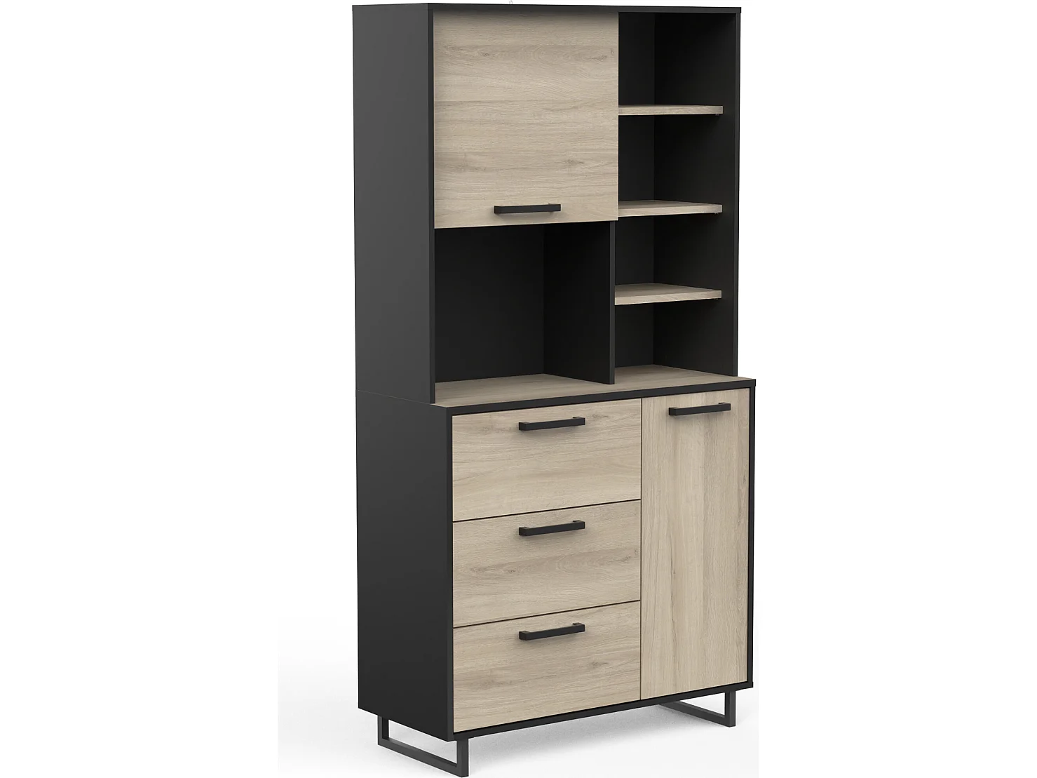 Buffet de cuisine 2 portes + 3 tiroirs coloris chêne kronberg, noir mat - Longueur 92 x Hauteur 179,50 x Profondeur 39,70 cm