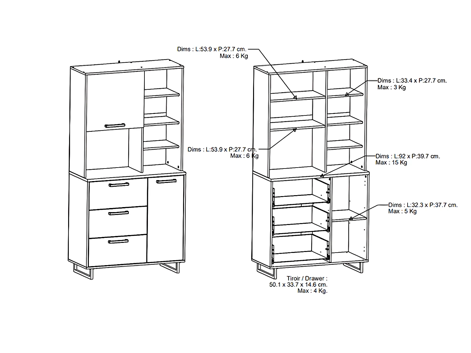 Buffet de cuisine 2 portes + 3 tiroirs coloris chêne kronberg, noir mat - Longueur 92 x Hauteur 179,50 x Profondeur 39,70 cm