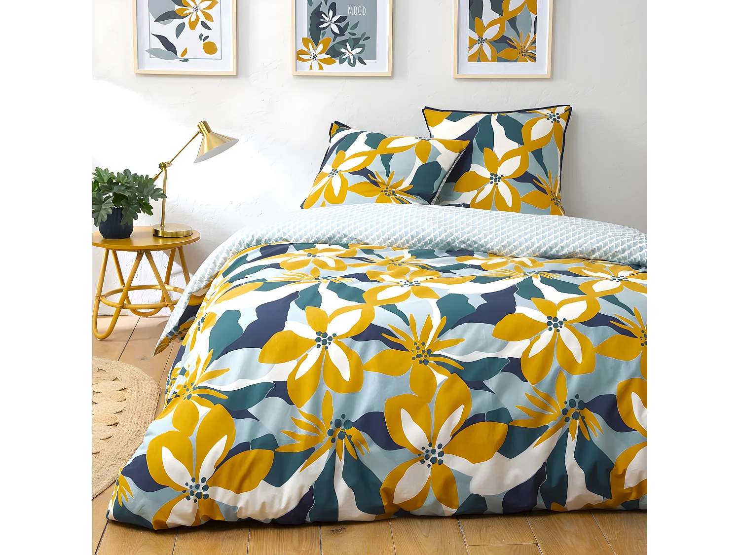 Parure de lit 2 personnes en percale 70 fils imprimé bleu 240x220cm