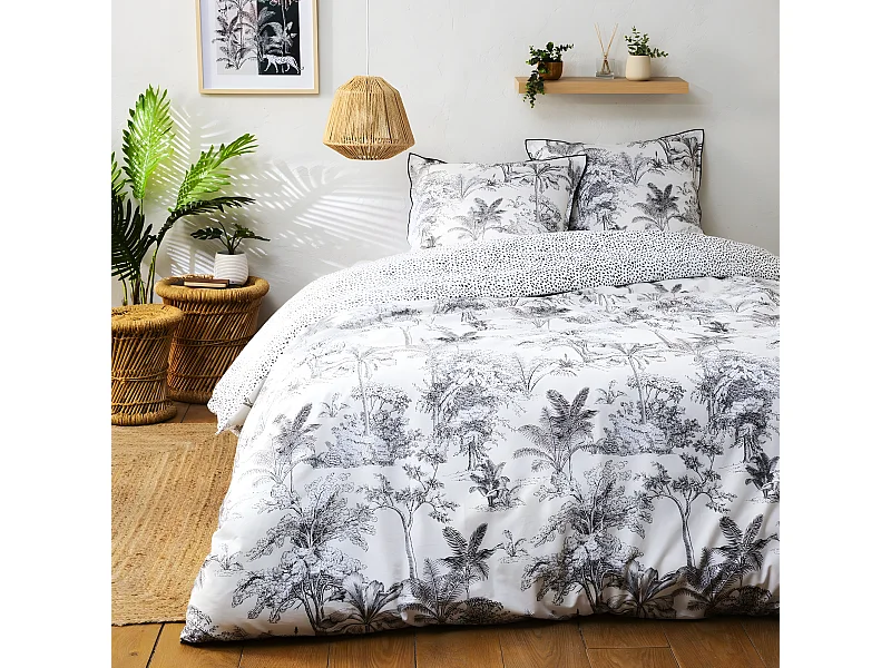 Parure de lit 2 personnes en coton 57 fils imprimé blanc 240x220cm