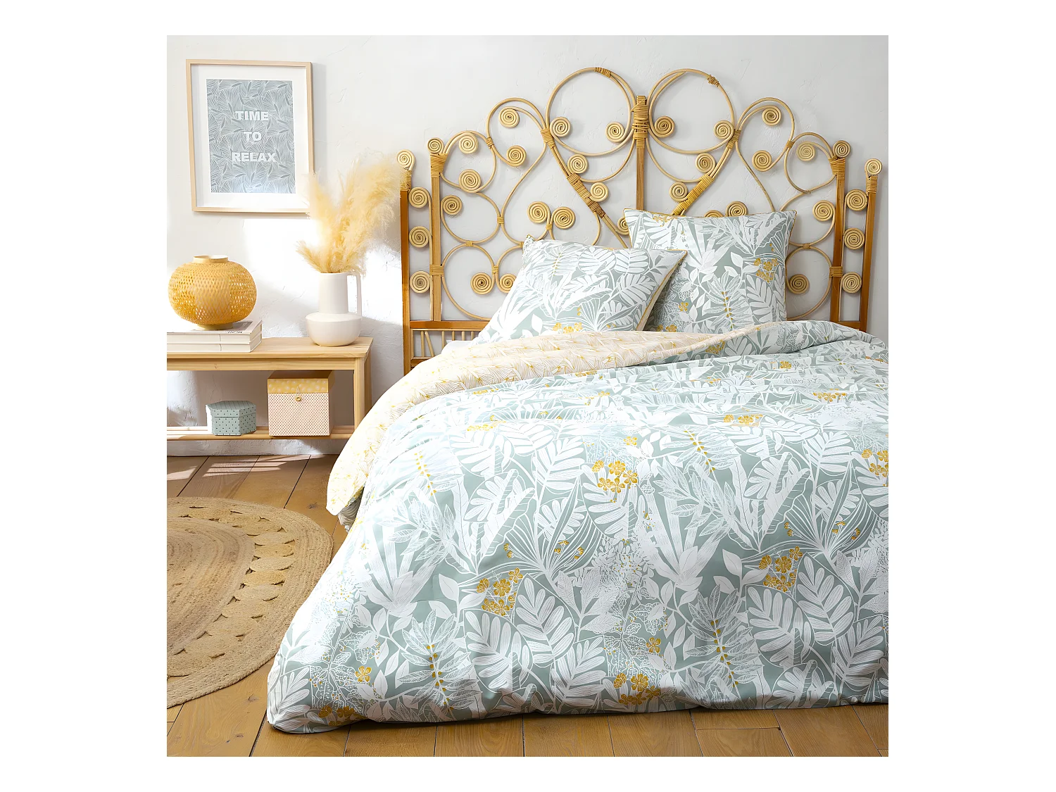 Parure de lit 2 personnes en coton 57 fils imprimé bleu 240x220cm