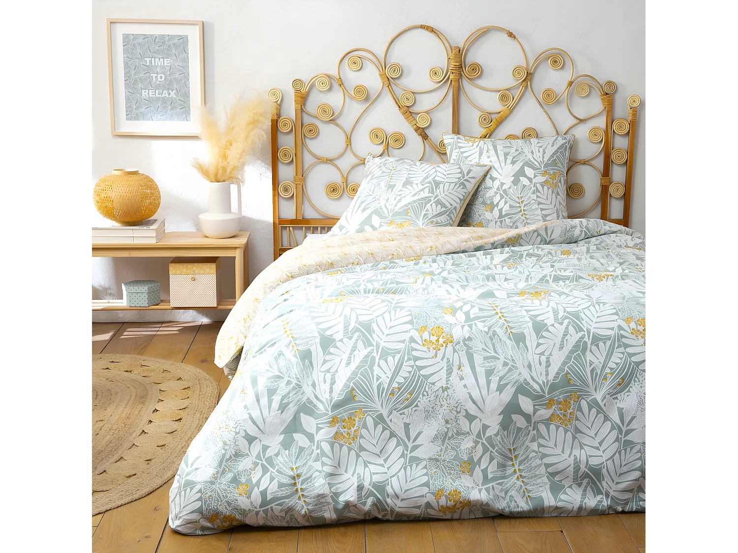 Parure de lit 2 personnes en coton 57 fils imprimé bleu 240x220cm