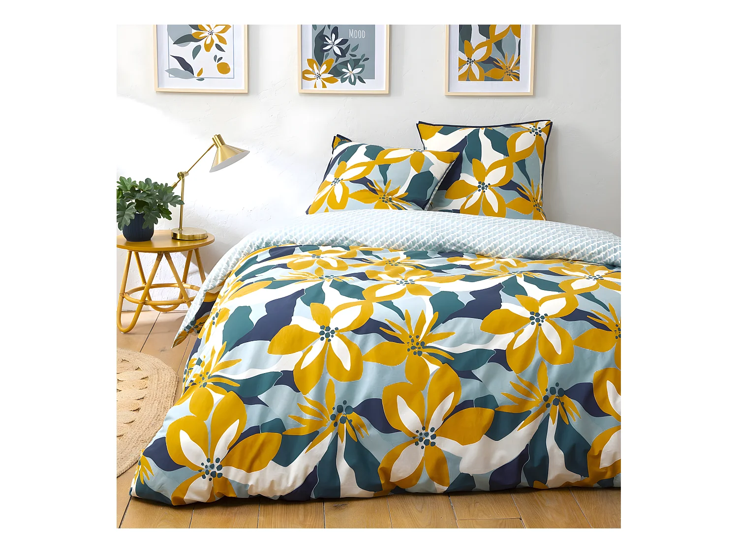 Parure de lit 2 personnes en percale 70 fils imprimé bleu 260x240cm