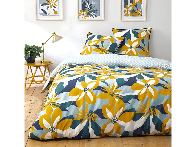 Parure de lit 2 personnes en percale 70 fils imprimé bleu 260x240cm