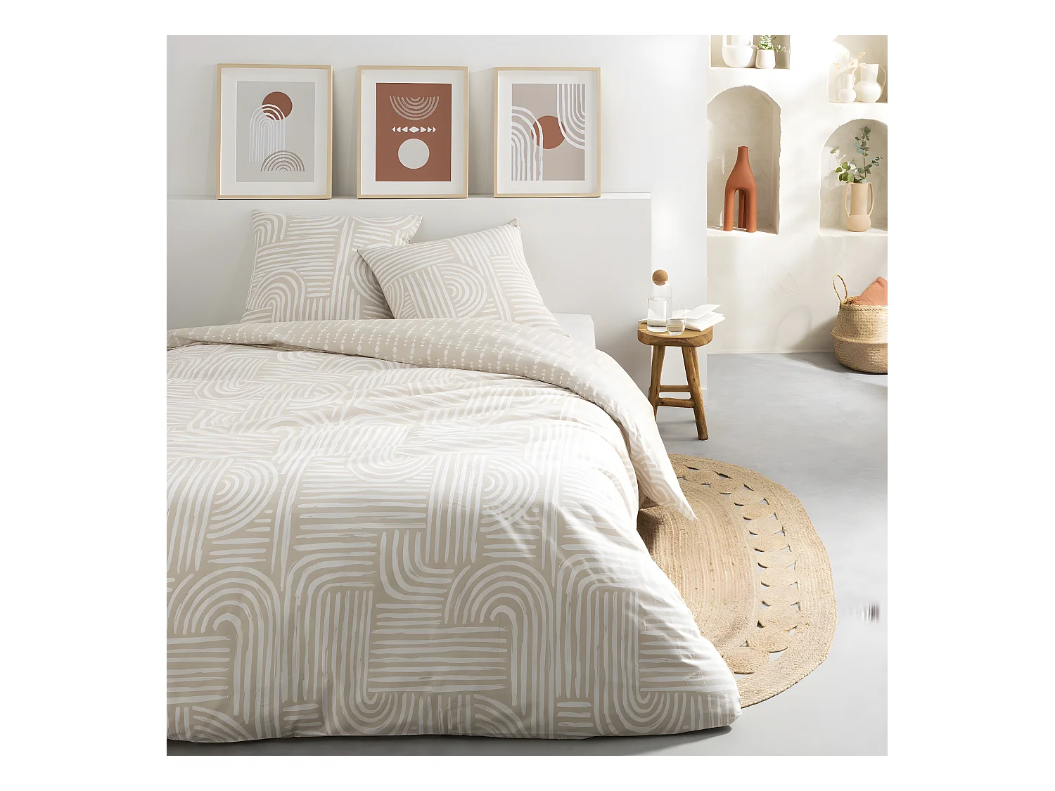 Parure de lit 2 personnes en coton 57 fils imprimé beige 260x240cm