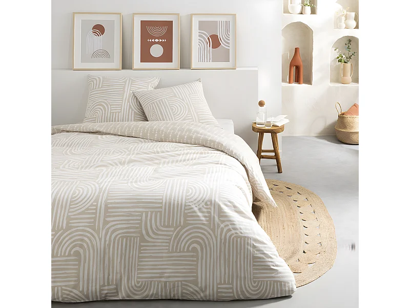 Parure de lit 2 personnes en coton 57 fils imprimé beige 260x240cm