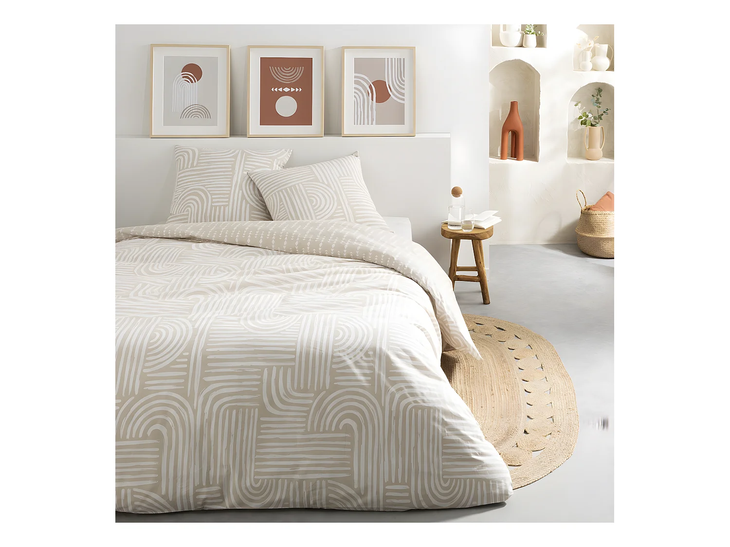 Parure de lit 2 personnes en coton 57 fils imprimé beige 240x220cm