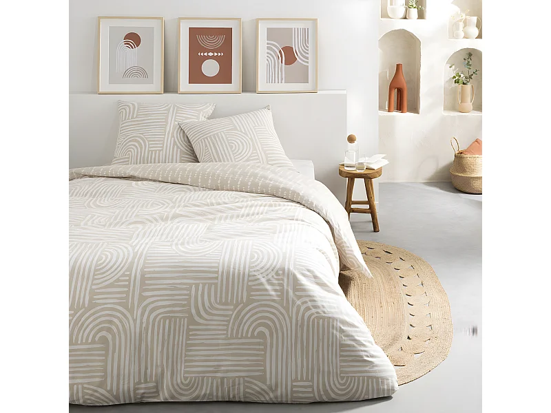 Parure de lit 2 personnes en coton 57 fils imprimé beige 240x220cm