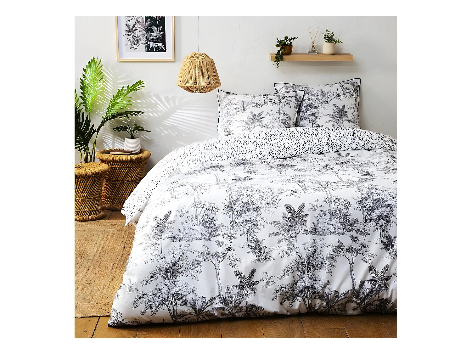 Parure de lit 2 personnes en coton 57 fils imprimé blanc 260x240cm