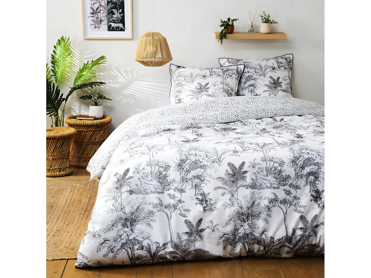 Parure de lit 2 personnes en coton 57 fils imprimé blanc 260x240cm