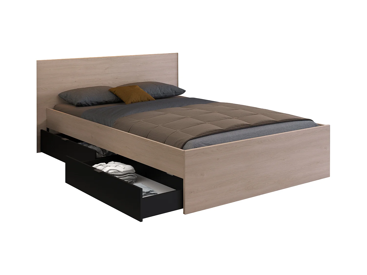 Cama con 2 cajones 140 x 190 cm - Color: natural y negro - VELONA