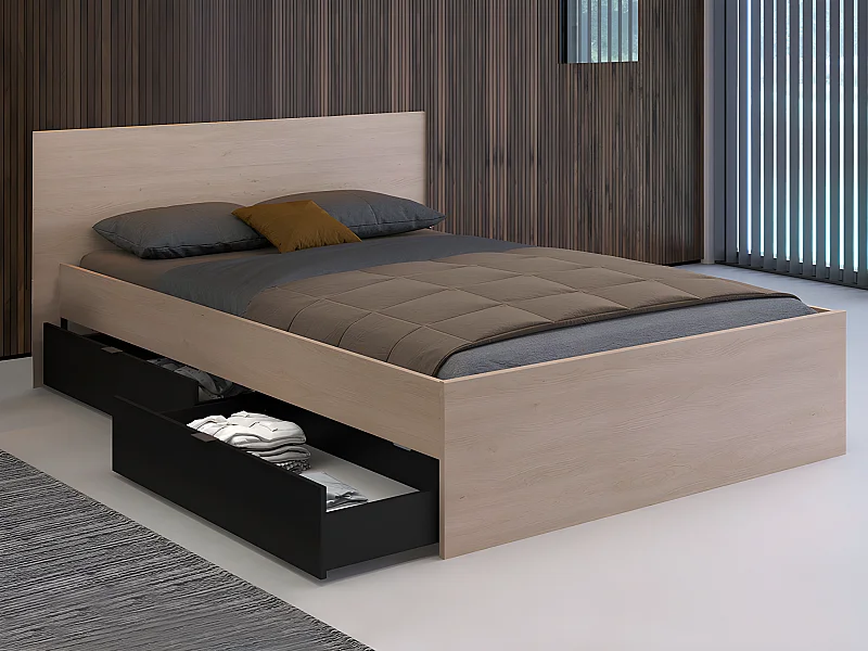 Lit avec 2 tiroirs 140 x 190 cm - Coloris : Naturel et noir - VELONA