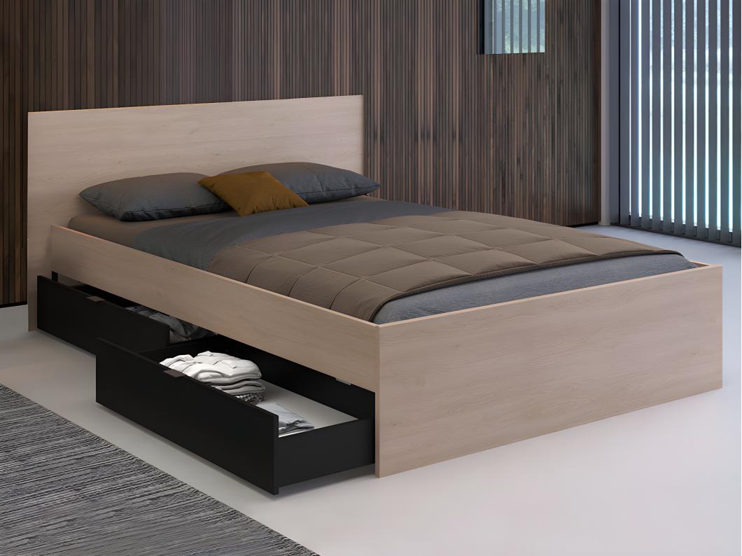 Bett mit 2 Schubladen - 140 x 190 cm - Naturfarben & Schwarz - VELONA