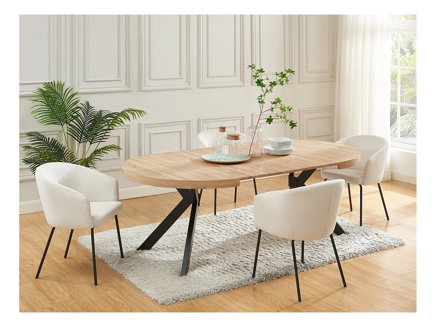 Conjunto de 6 cadeiras com apoios de braços em veludo canelado e metal creme - MORONI de Pascal MORABITO