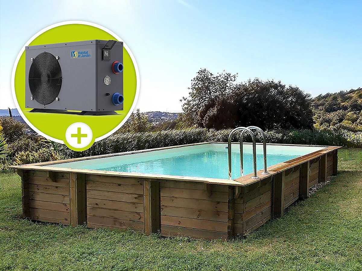 Piscine bois en kit rectangle " Tampa 145 " - 7.20 x 4.20 x 1.44 +  Pompe à chaleur - Puissance 6.1 kW