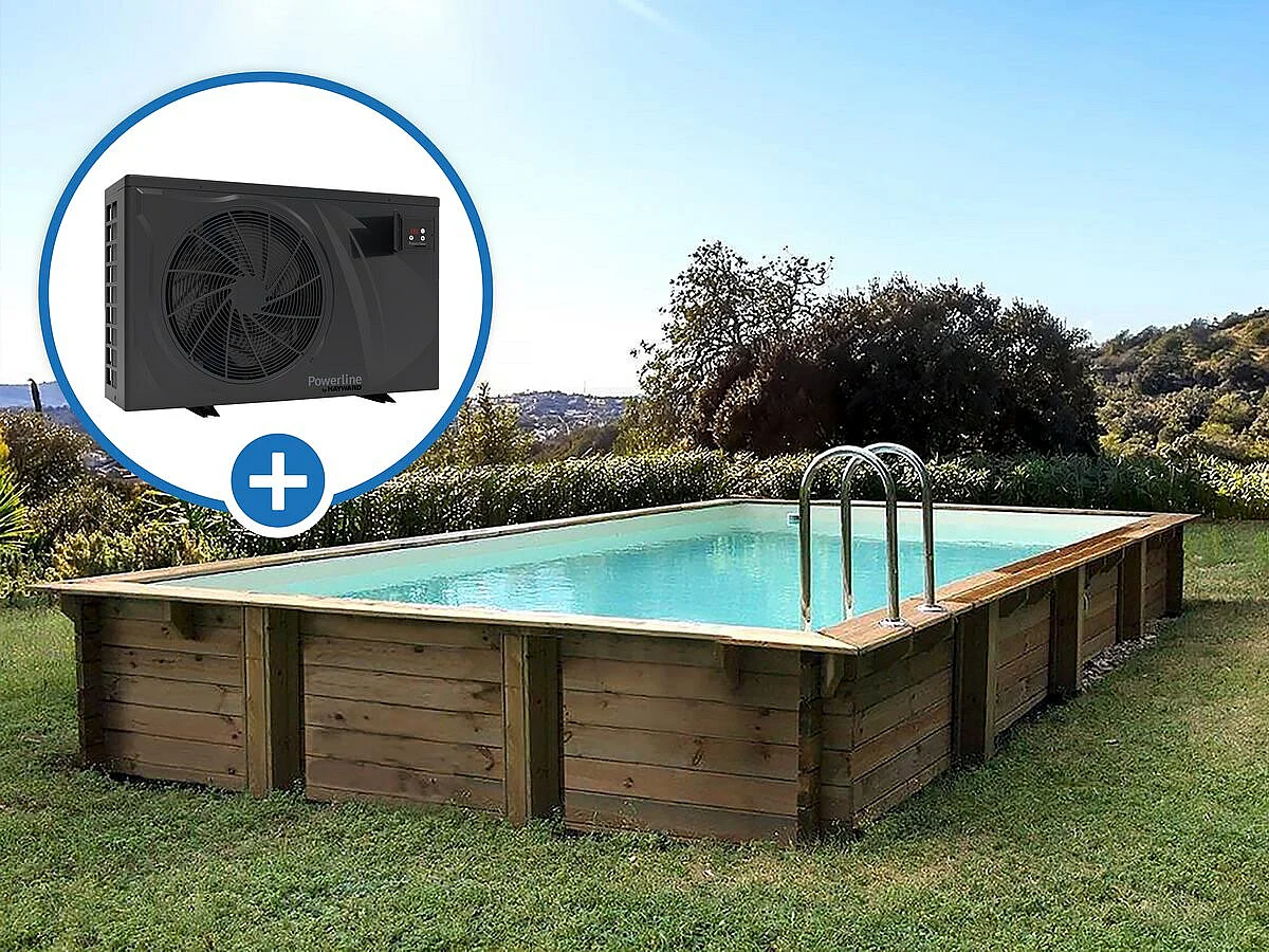 Piscina de madeira em kit retangular "Tampa 145" - 7,20 x 4,20 x 1,44 + Bomba de calor - Potência 6,1 kW
