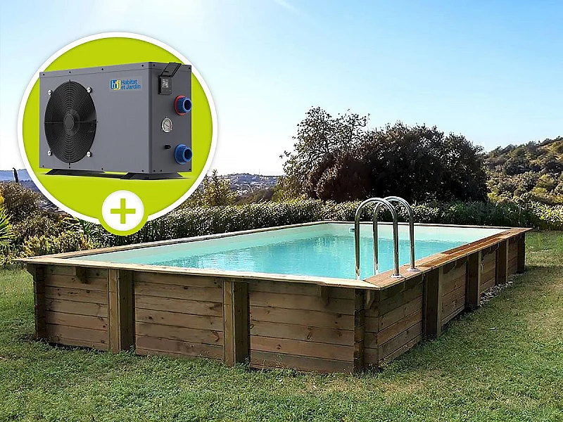 Piscine bois en kit rectangle " Tampa 145 " - 7.20 x 4.20 x 1.44 +  Pompe à chaleur - Puissance 6.1 kW