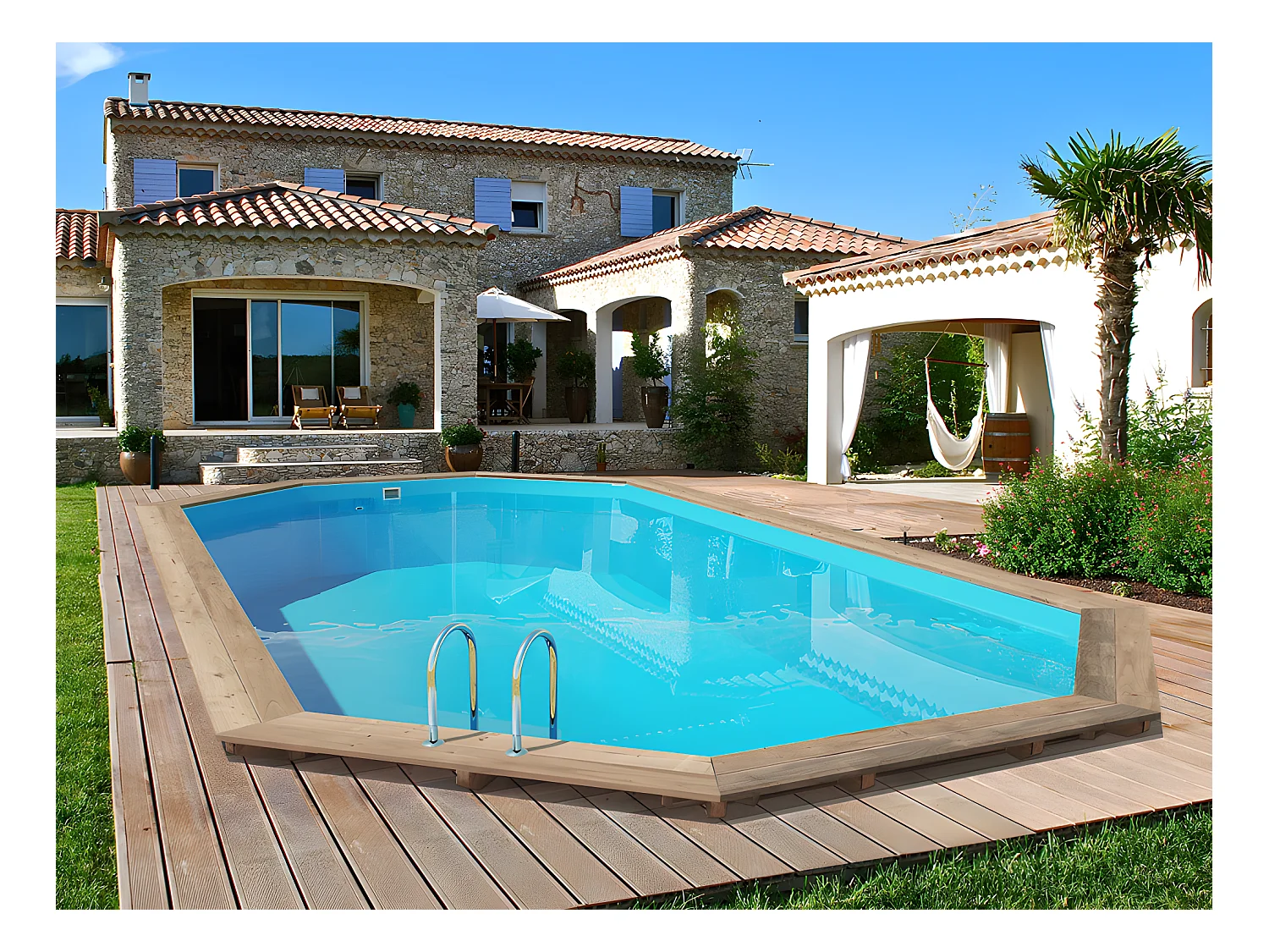 Houten zwembad "Palma" 7,57 x 4,07 x 1,31 m met zandfilter en lichtblauwe liner