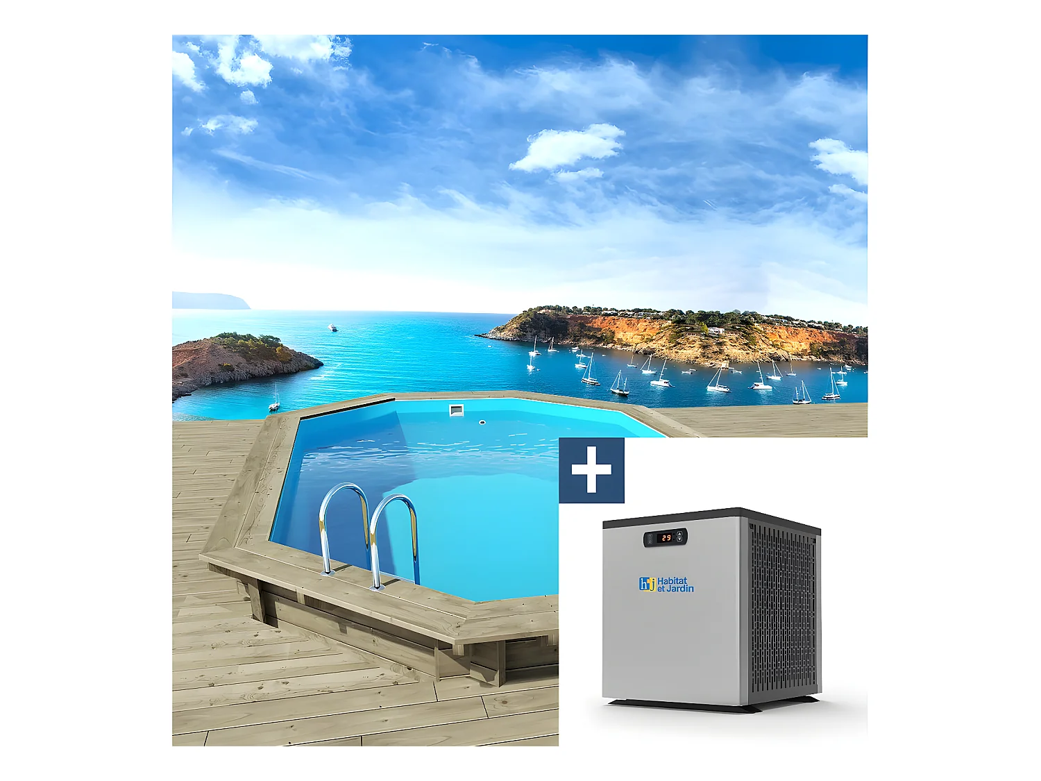 Piscine bois " Miami 120  " - 4.86 x 3.36 x 1.20 m + Mini pompe à chaleur 3.5kW - Métal - Gris