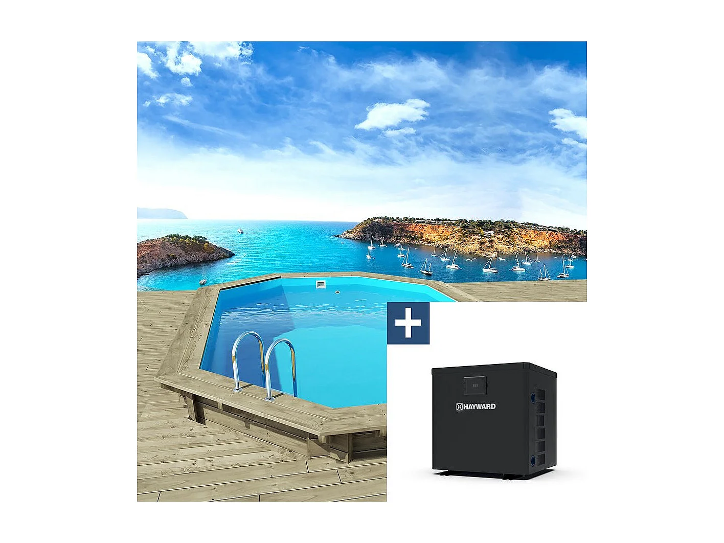 Piscina de madeira "Miami 120" - 4,86 x 3,36 x 1,20 m + Mini bomba de calor 3,5kW - Metal - Cinza