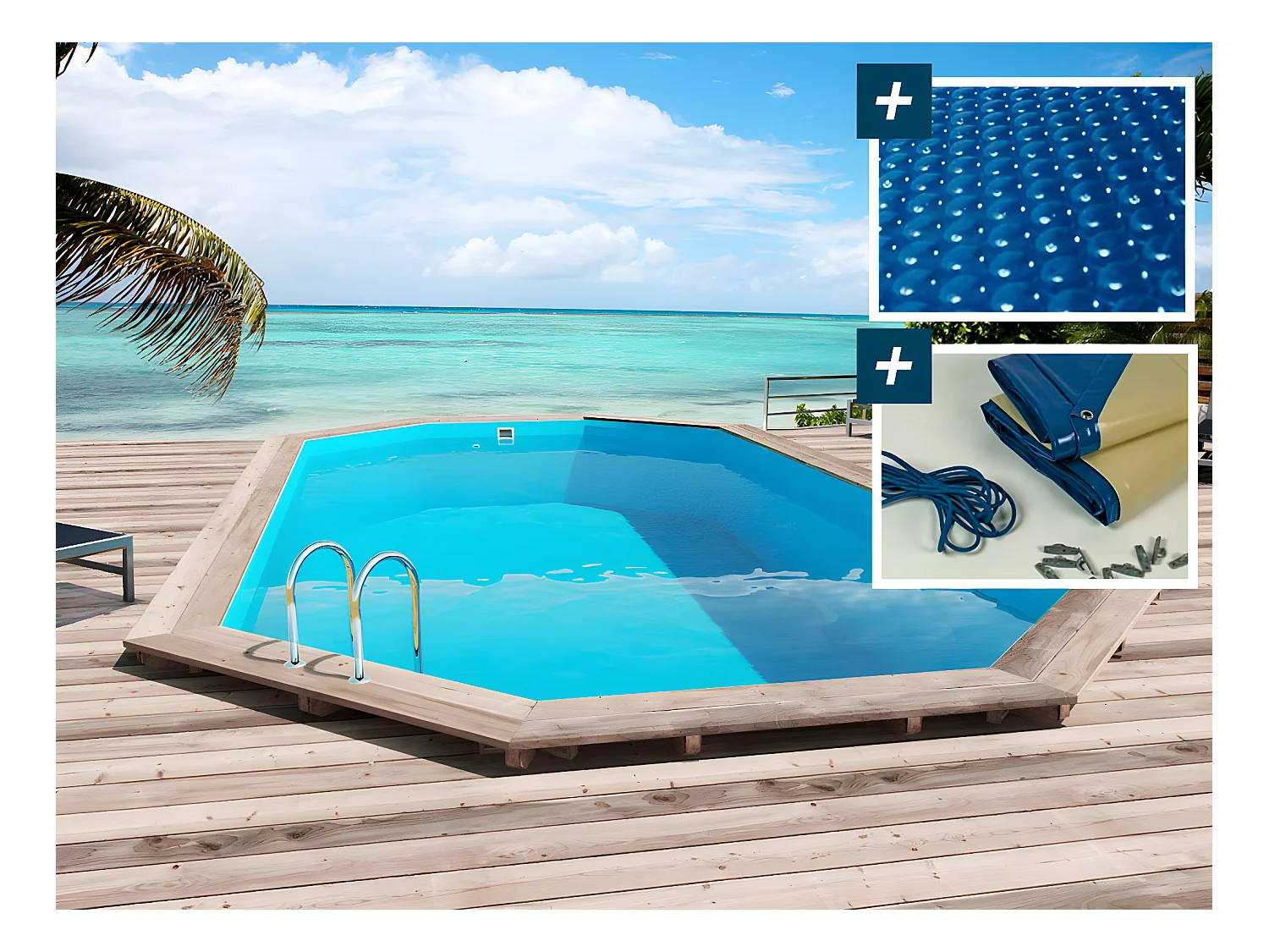 Piscina de madera "Sao Paulo" -  6.57 x 4.07 x 1.20m - Cubierta Burbujas 180 µ - Cubierta de invierno 280 g/m² -