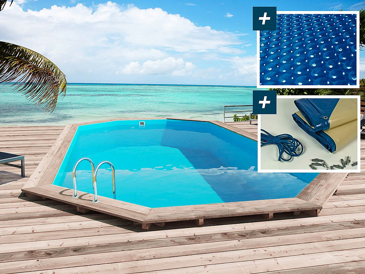 Piscine bois " Sao Paulo " - 6.57 x 4.07 x 1.20 m - Bâche à bulles  180 µ - Bâche hiver  280 g/m² -
