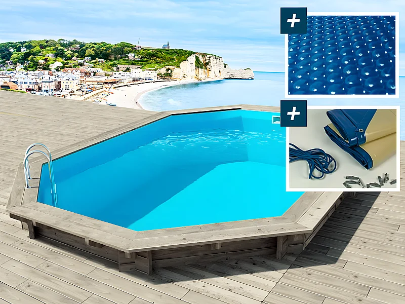 Piscine bois " Brazilia "  5.86 x 3.86 x 1.20 m - Bâche à bulles  180 µ - Bâche hiver  280 g/m²