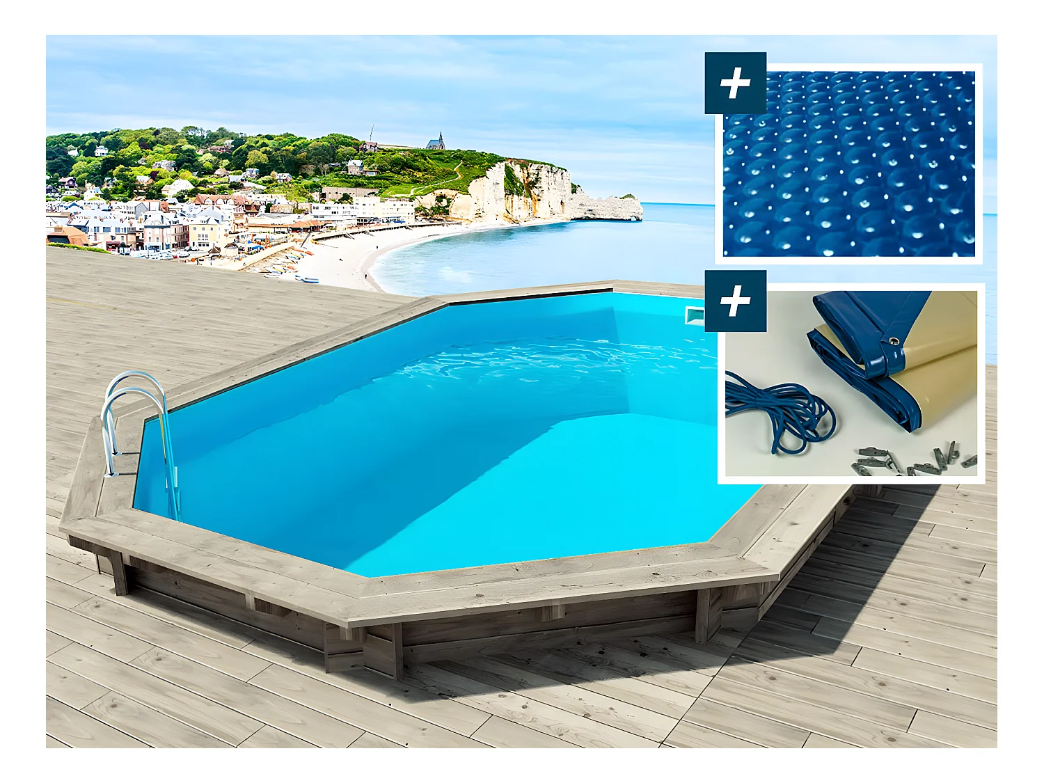 Piscine bois " Brazilia "  5.86 x 3.86 x 1.20 m - Bâche à bulles  180 µ - Bâche hiver  280 g/m²
