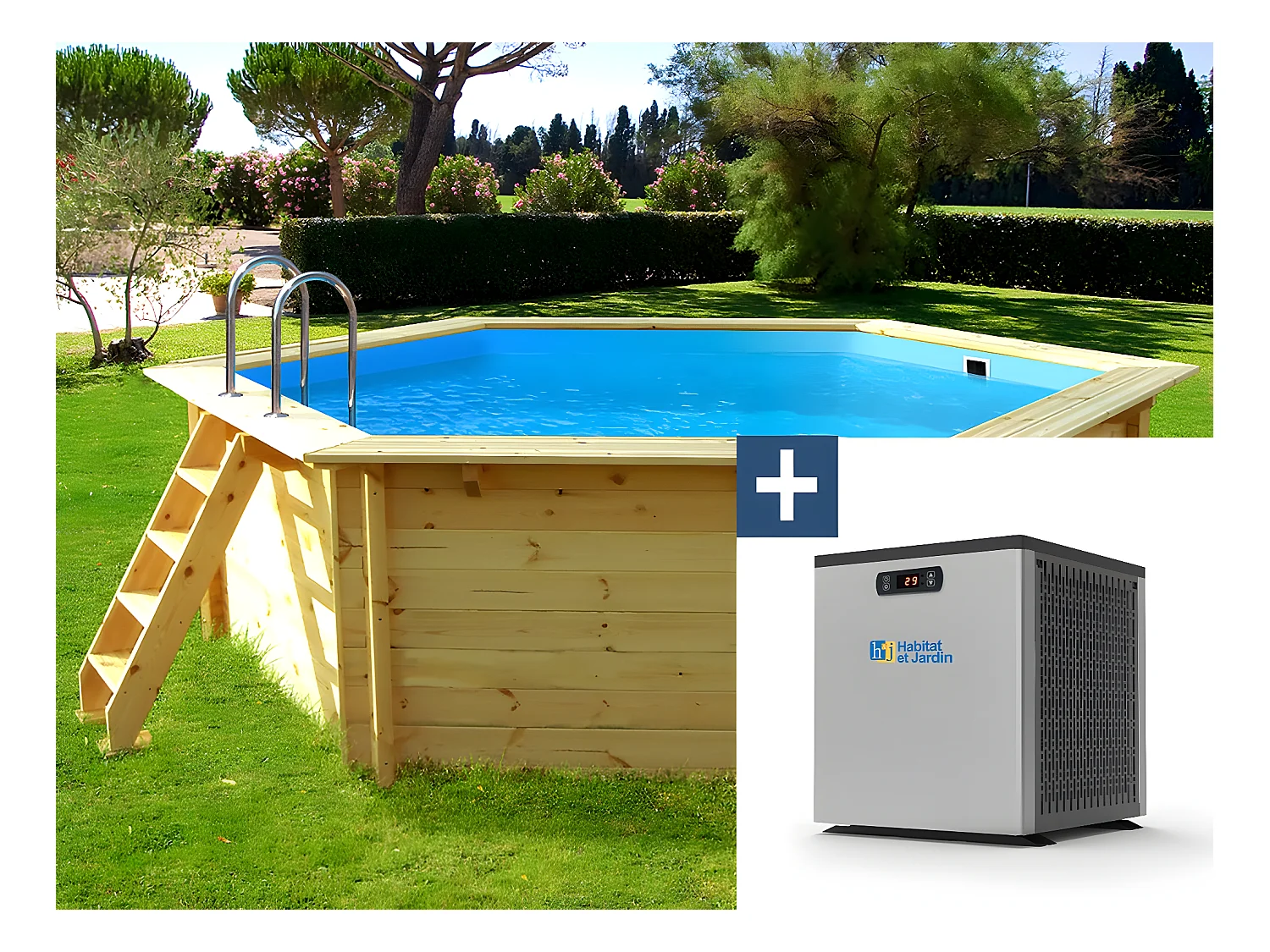 Piscine bois " Hawai " - 4.10 x 1.18 m + Mini pompe à chaleur 3.5kW - Métal - Gris