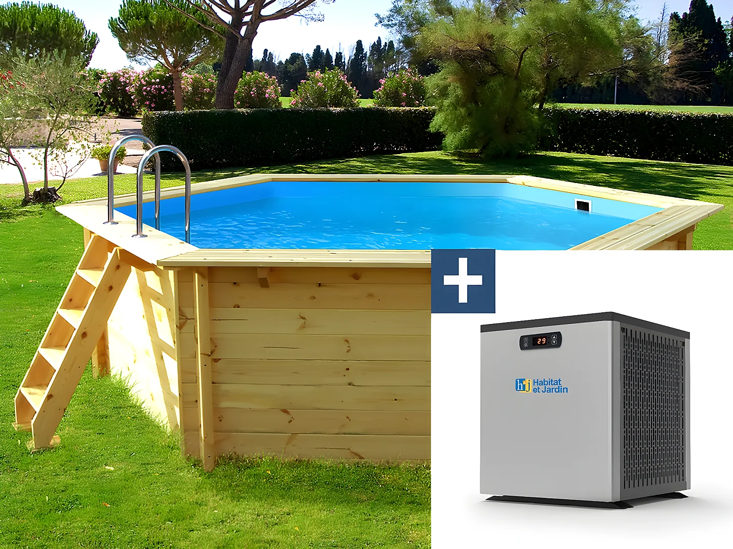 Piscine bois " Hawai " - 4.10 x 1.18 m + Mini pompe à chaleur 3.5kW - Métal - Gris
