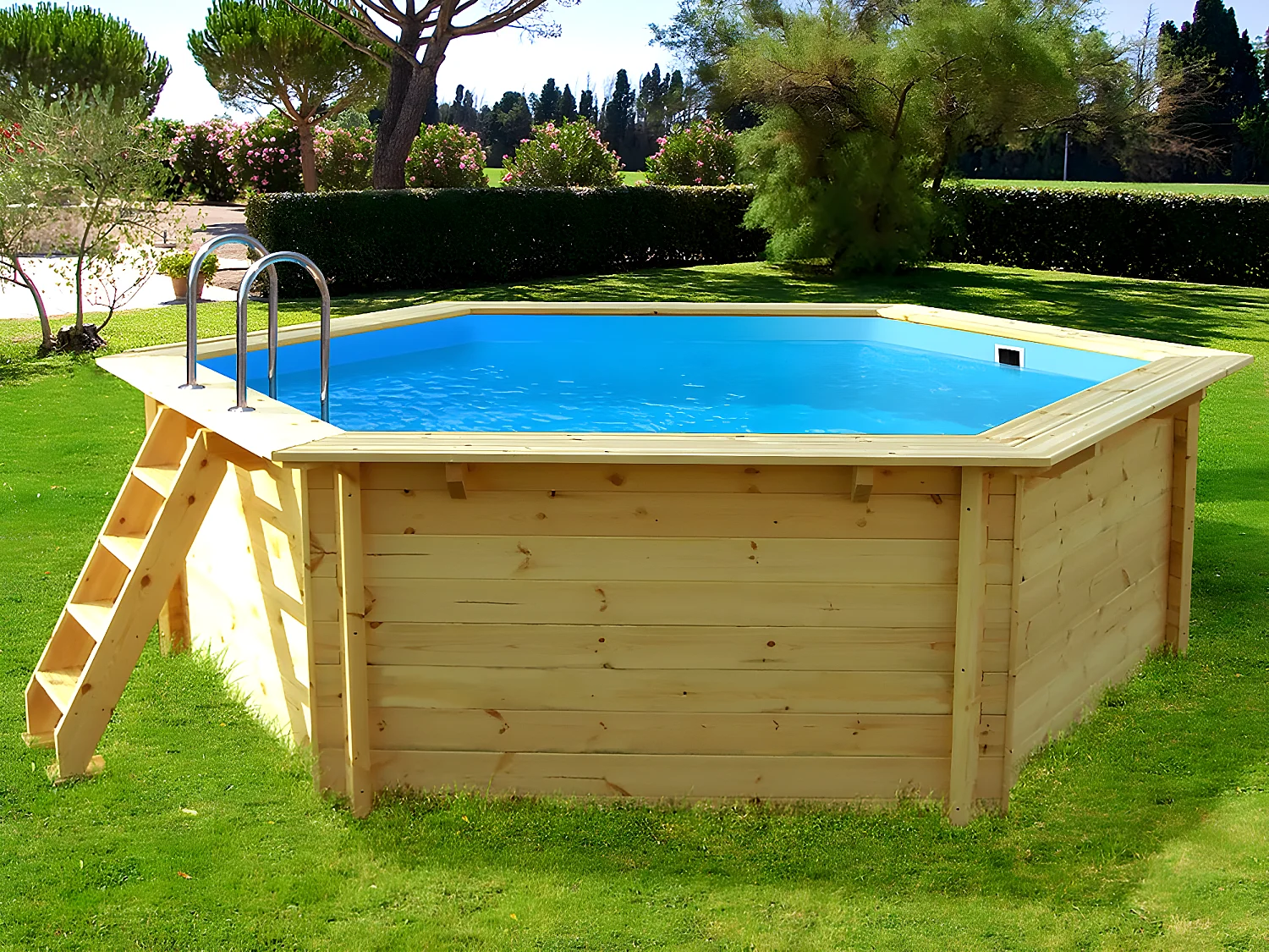 Piscine bois " Hawai " - 4.10 x 1.18 m + Mini pompe à chaleur 3.5kW - Métal - Gris