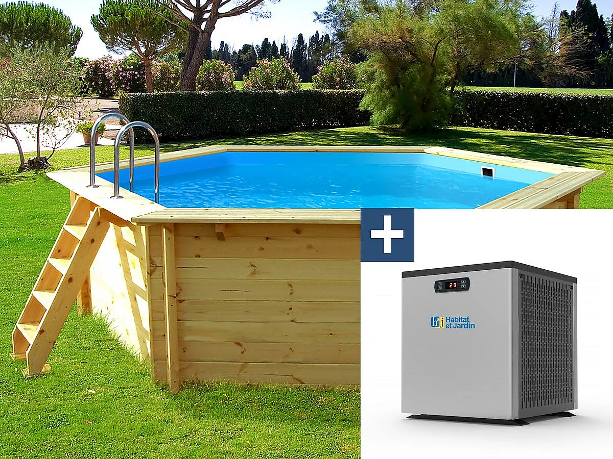 Piscine bois " Hawai " - 4.10 x 1.18 m + Mini pompe à chaleur 3.5kW - Métal - Gris