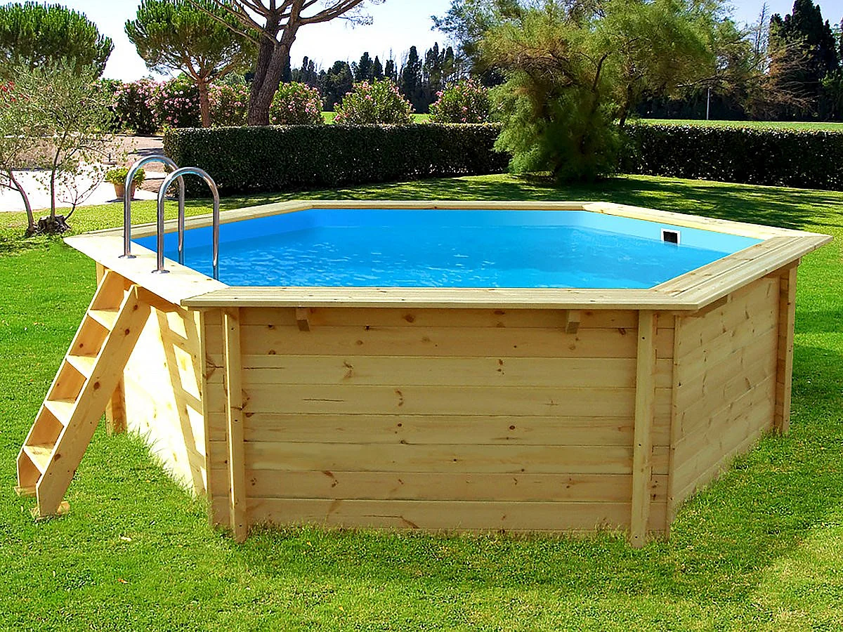 Piscine bois " Hawai " - 4.10 x 1.18 m + Mini pompe à chaleur 3.5kW - Métal - Gris