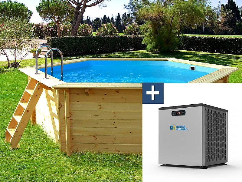 Piscine bois " Hawai " - 4.10 x 1.18 m + Mini pompe à chaleur 3.5kW - Métal - Gris