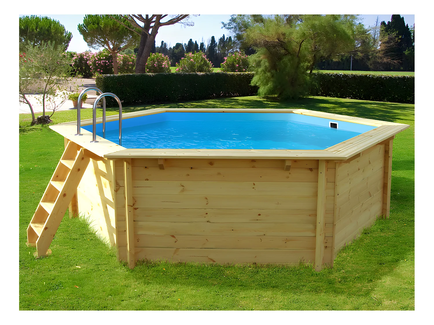 Ronde zeshoekige "Hawaï" houten zwembad van 4,10 x 1,18 m met zandfilter en accessoires inbegrepen