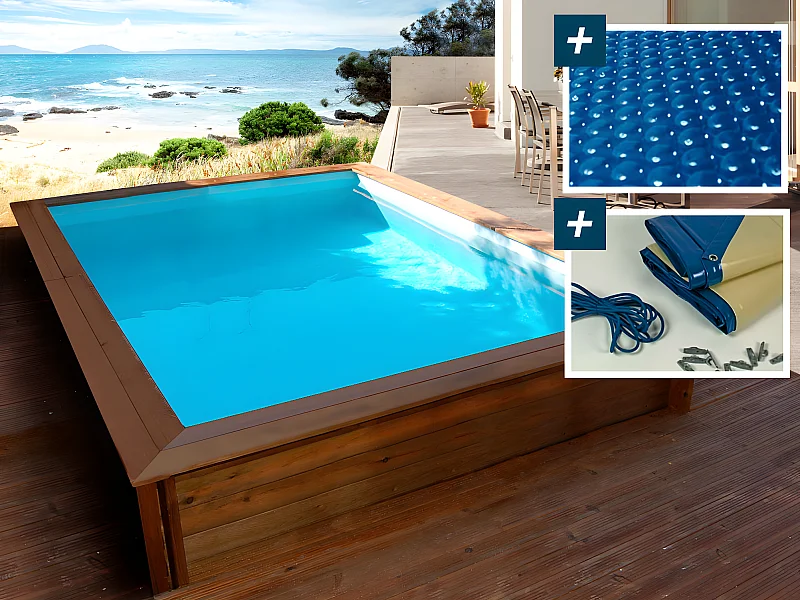 Rechthoekig houten zwembad "Toledo" - 3,00 x 2,00 x 0,71 m - 180 µ bellenafdekking - 280 g/m² winterafdekking