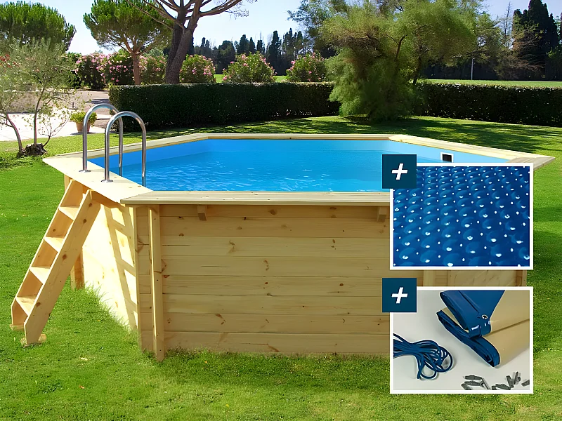 Piscine bois "Hawai" - 4.10 x 1.20 m + Bâche à bulles 180 + Bâche hiver 280 gr/m²