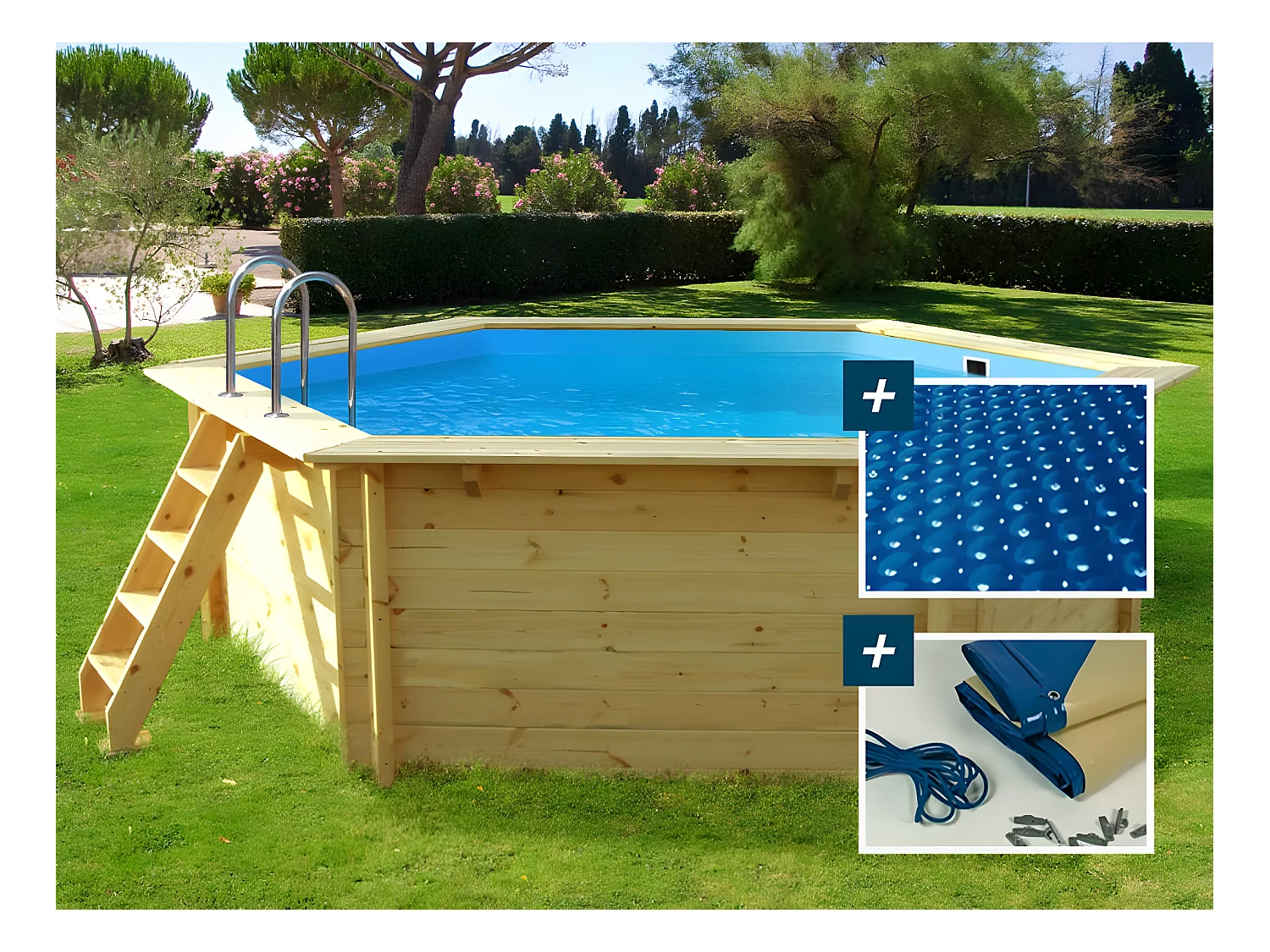 Piscine bois "Hawai" - 4.10 x 1.20 m + Bâche à bulles 180 + Bâche hiver 280 gr/m²