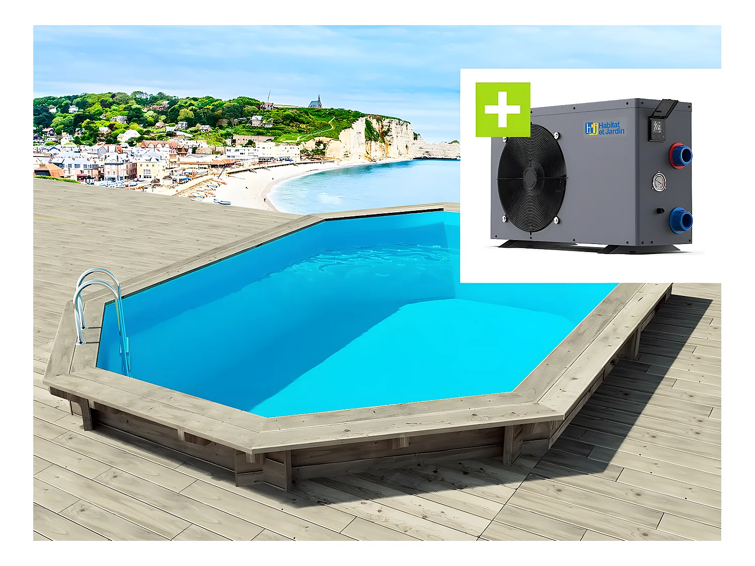 Piscina de madera "Brazilia" 5,86 x 3,86 x 1,20 m + bomba de calor reversible "Simplicity by Hayward" ON/OFF - 5 kW - Blanco