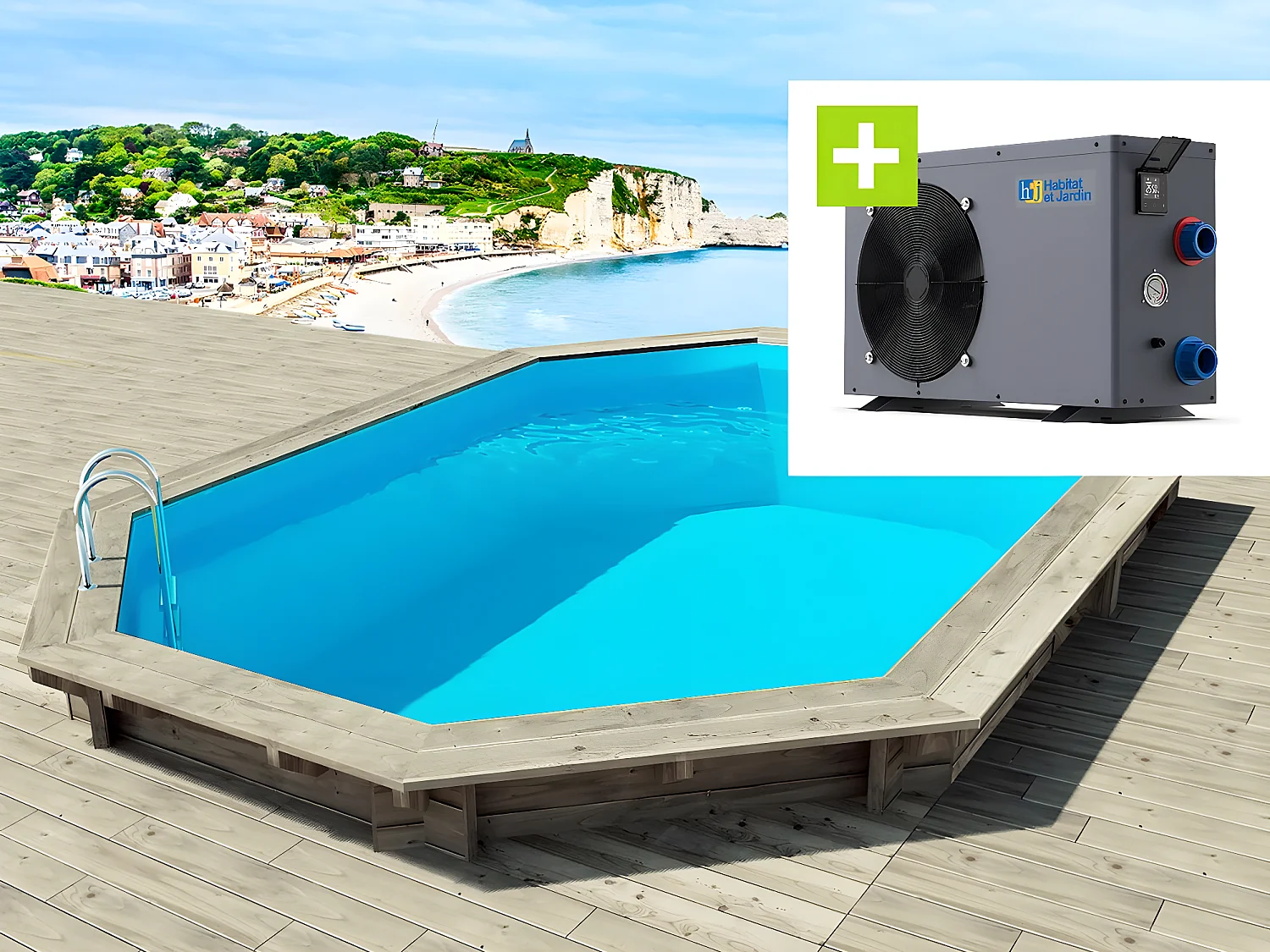 Piscine bois " Brazilia 120 "  5.86 x 3.86 x 1.20 m + Pompe à chaleur - Puissance 6.1 kW