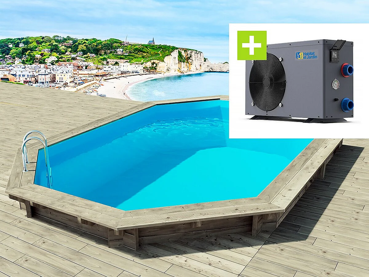 Piscine bois " Brazilia 120 "  5.86 x 3.86 x 1.20 m + Pompe à chaleur - Puissance 6.1 kW