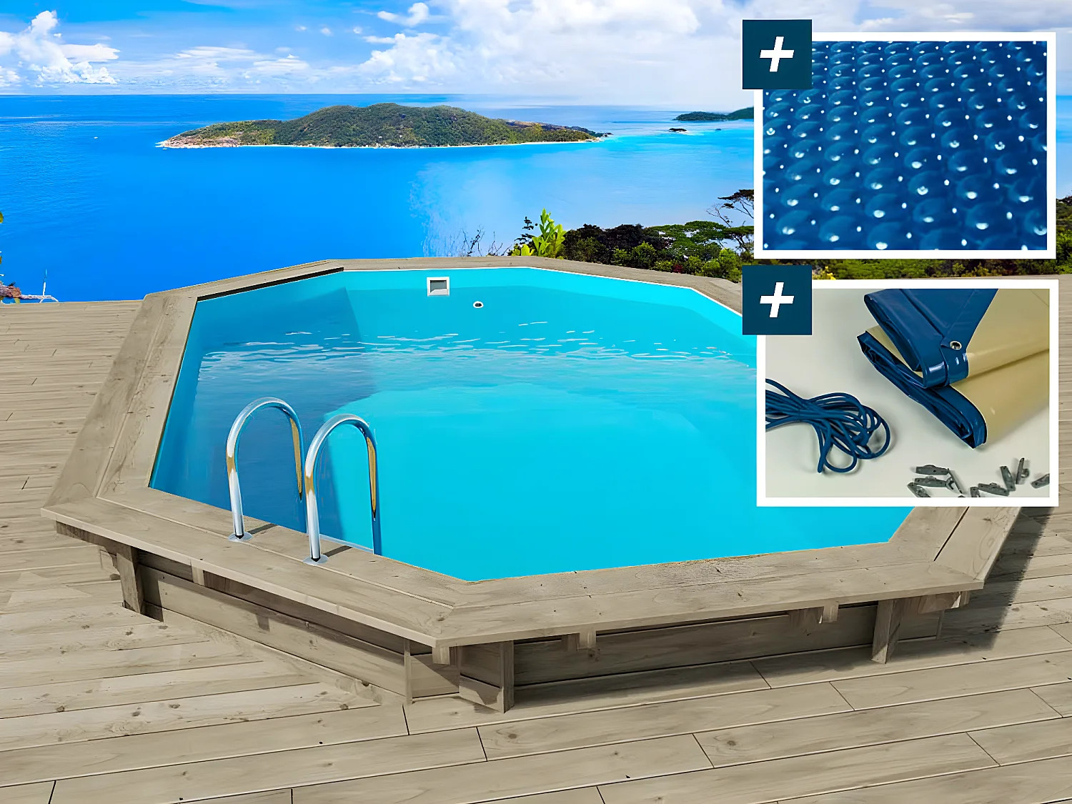 Piscine bois " Florida 130 " - 6.57 x 4.57 x 1.31 m +  Bâche à bulles 180 µ + Bâche hiver 280 gr/m²