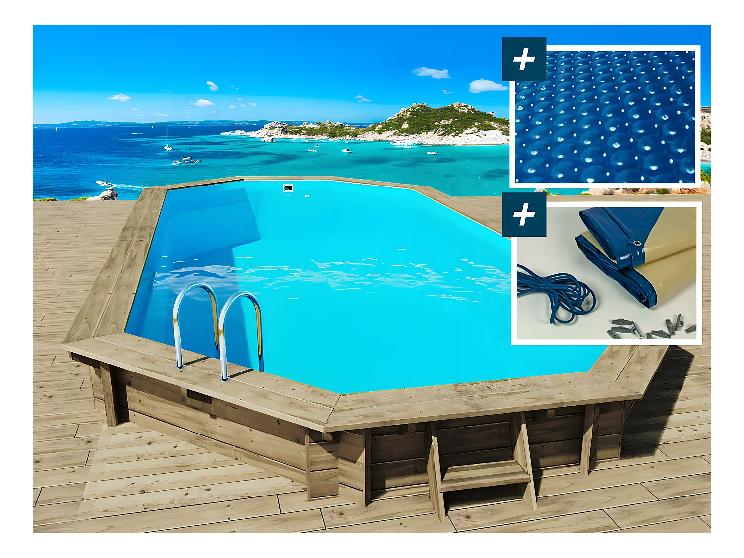 Piscina de madera " Sevilla " - 8,57 x 4,57 x 1,45 m + cubierta de burbujas de 180 µ + cubierta de invierno de 280 gr/m²